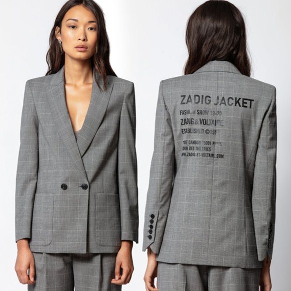 NWT $748 Zadig&VoltaireVisko Gray Wool Plaid Check Carreaux Jacket Blazer 40